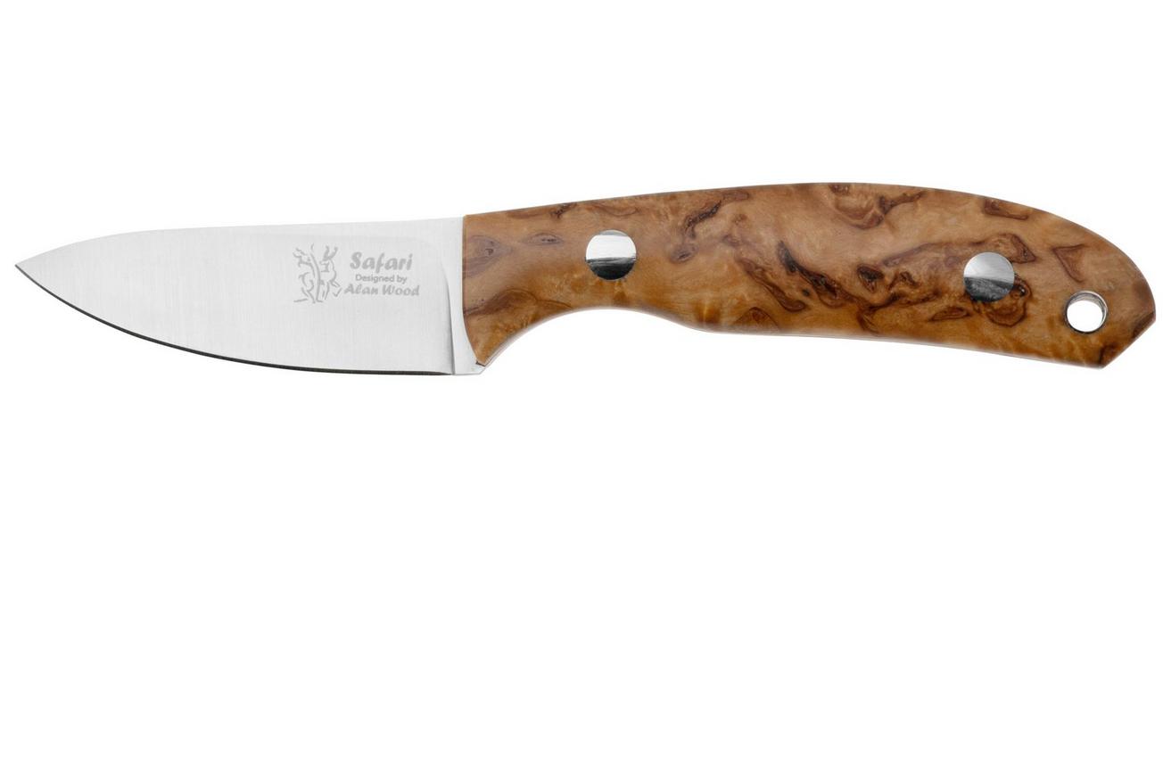 Casström Safari Mini Hunter 11618, Stabilised Curly Birch Kydex, vaststaand mes, Alan Wood design