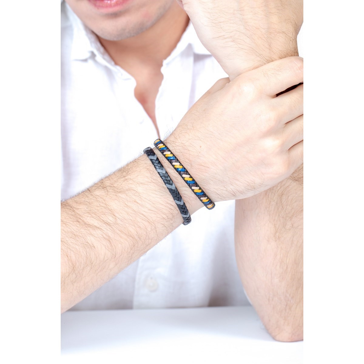 Bracelet souple mono-motif en Acier 316L et cuir - blanc brillant