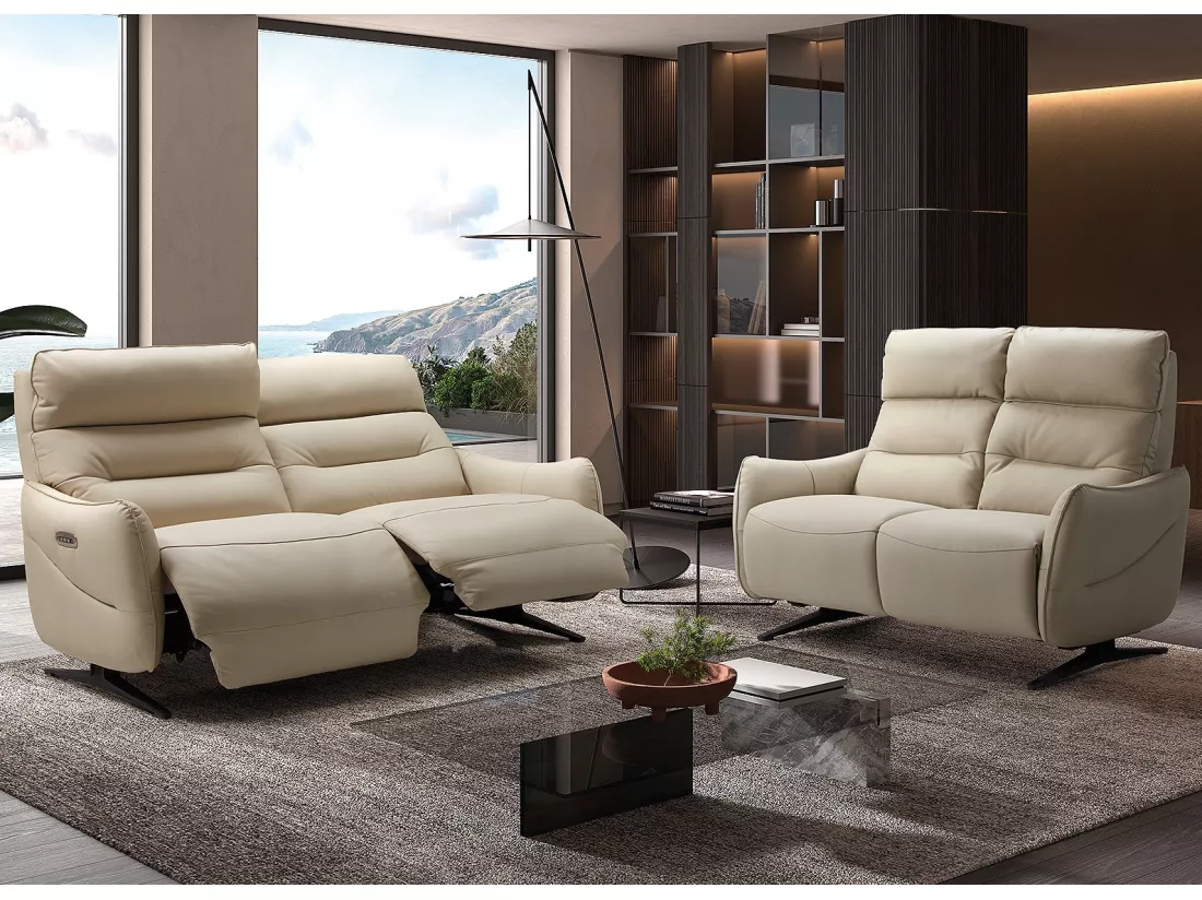 Canapé de relaxation en cuir Kondonia-Couleur Beige-Système Fixe - sans relax-2 places