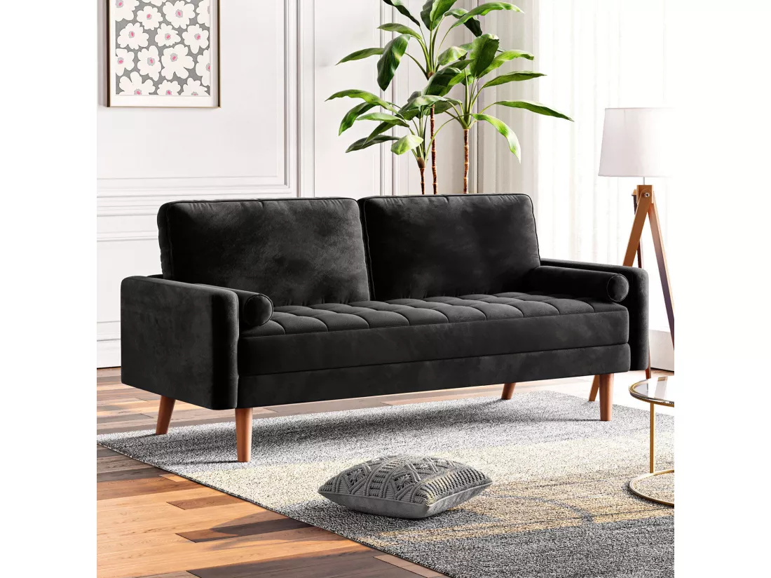 Canapé 2 places - avec 2 coussins - en Velours - Pieds en bois - pour Chambre à Coucher, Salon - 142x76x69cm - Noir