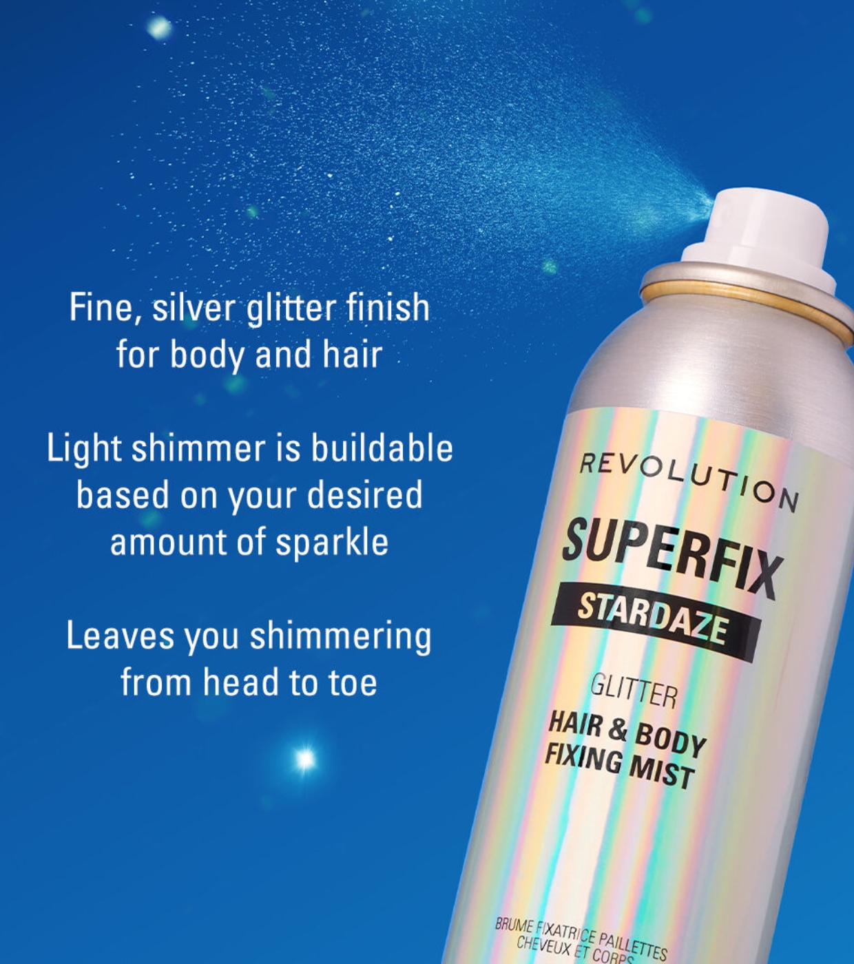 Makeup Revolution - Spray de glitter para corpo e cabelo Superfix Stardaze