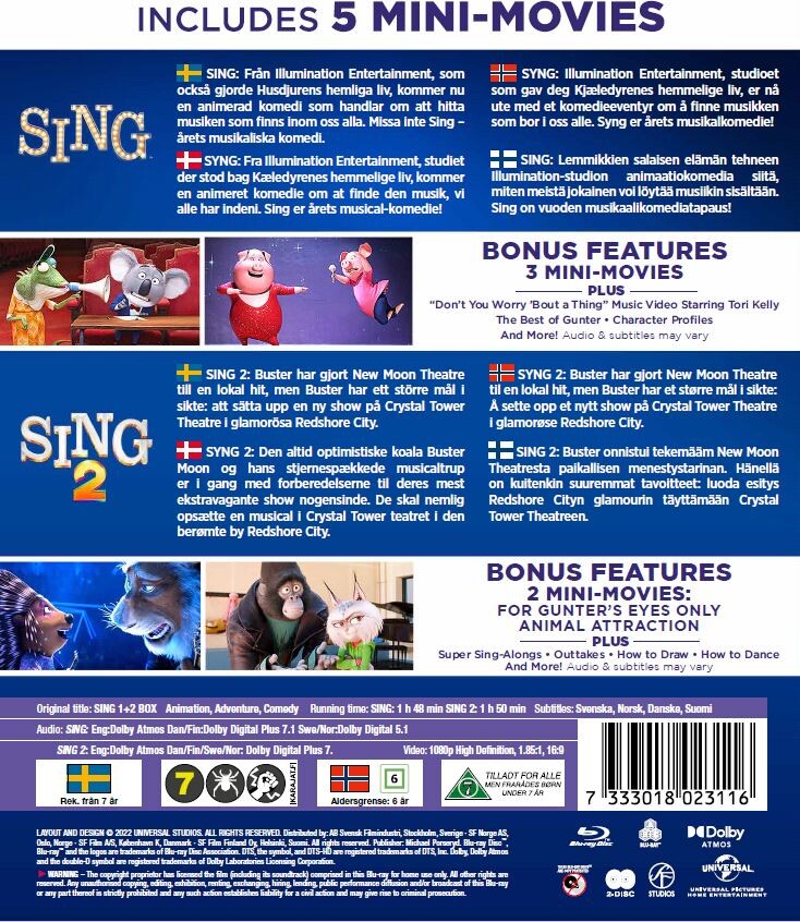 Syng 1-2 Filmene / Sing 1-2 - Blu-Ray