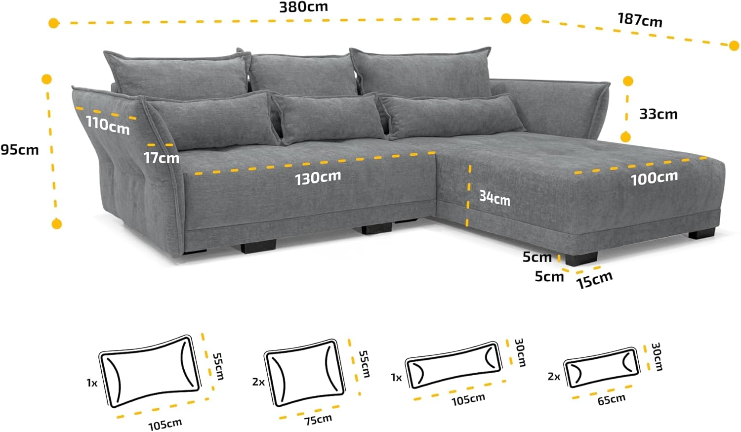 COMFORTE Deluxe L Ecksofa mit Schlaffunktion und Bettkasten, universell montierbar, 250 x 187 x 95 cm, Rosario-Stoff (Grau)
