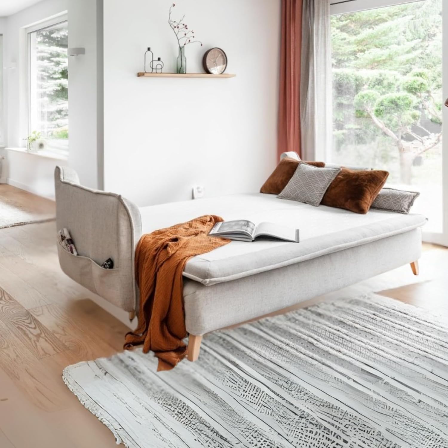 MIUFORM Charming Charlie Slim mit Bettkasten und mit Bettfunktion | 3 Sitzer Sofa | 225 x 90 x 85cm | Klappsofa mit Schlaffunktion | Schlafsofa klappbar (Beige)
