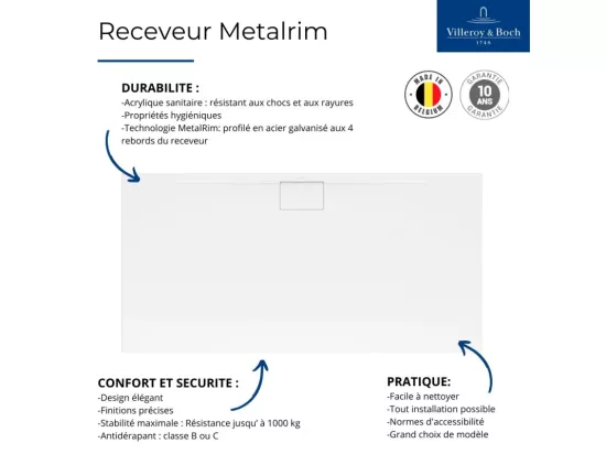 Receveur 160 x 90 x 4,8 VILLEROY ET BOCH Architectura Metalrim acrylique rectangle blanc