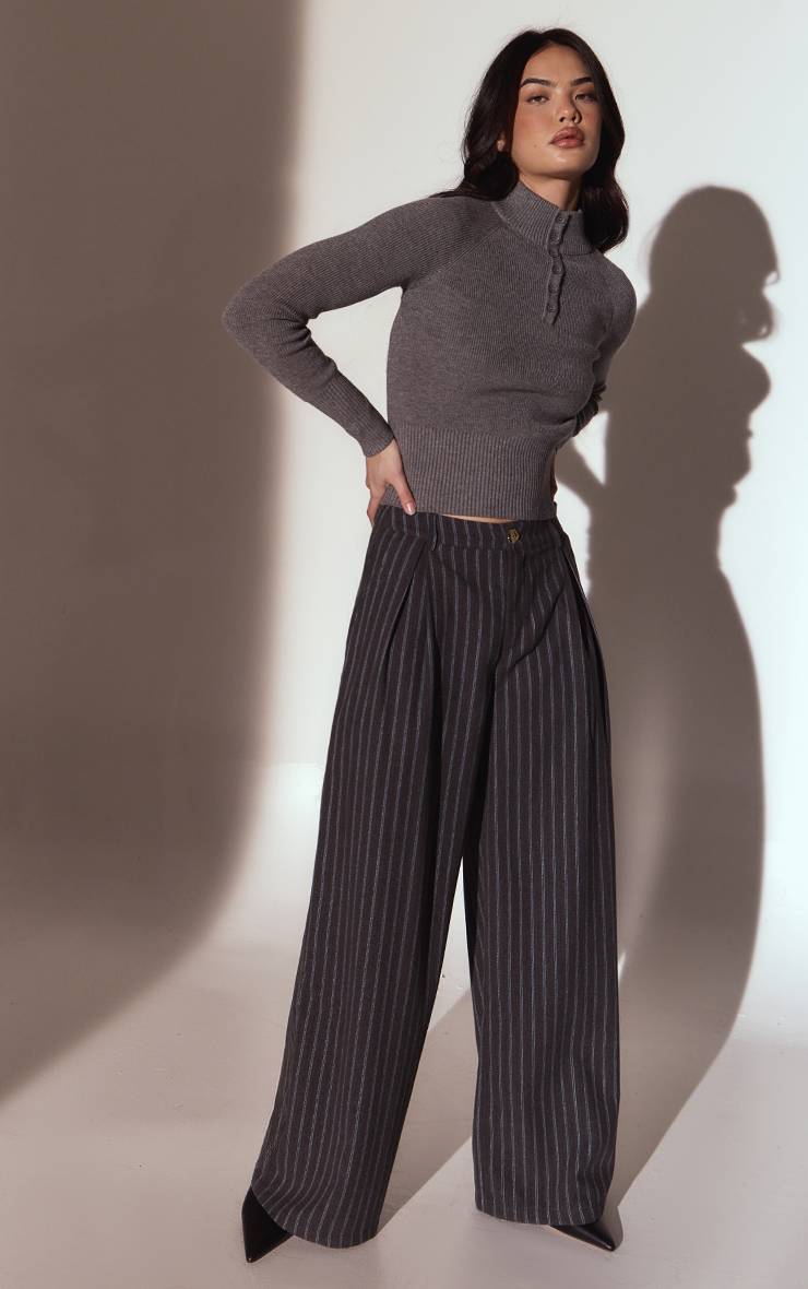Gris Ardoise Pantalon Large À Fines Rayures Brossé