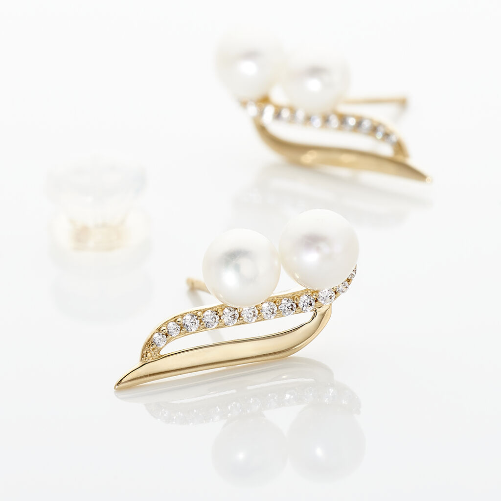 Boucles D'oreilles Puces Loeva Or Jaune Perle De Culture Et Oxyde