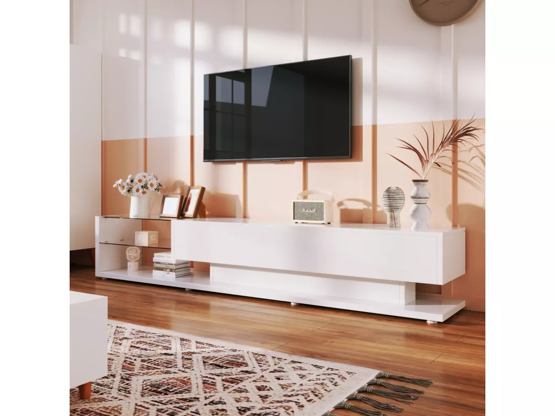 Meuble TV 2 tiroirs et 2 étagères en verre, panneaux bas, avec LED variable, charge max 50kg, 170x36x38cm, Blanc