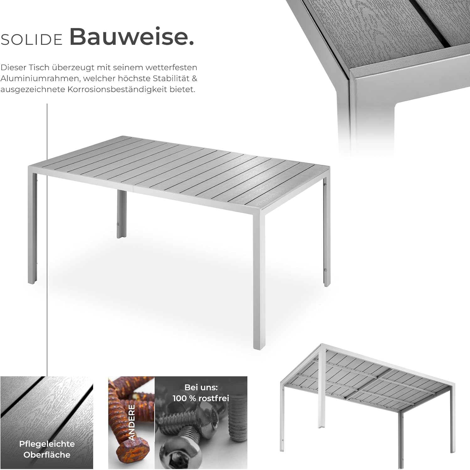 tectake® Gartentisch, Outdoor Esstisch, Balkontisch in Holz Optik, Terrassentisch mit Aluminiumrahmen, Gartenmöbel wetterfest, 150 x 90 x 74,5 cm, Tisch für Garten, Lounge, Sitzgruppe - Silber/grau