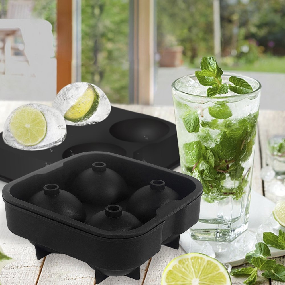 (4-fach) 3D Silikon Eiswürfel Form DIY Ice Cube Tray mit Deckel für Cocktails / Whisky / Softgetränke - Kugel