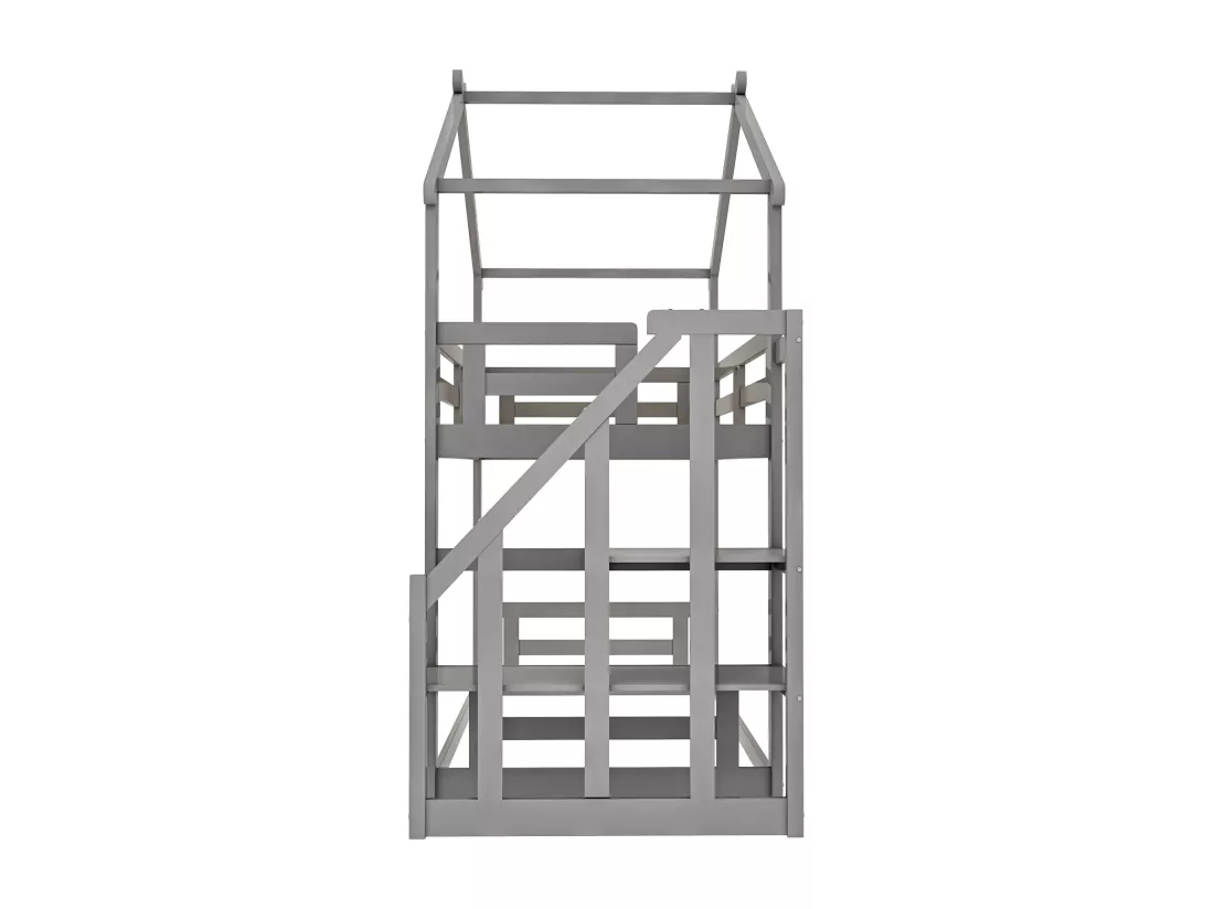 Lit superposé d'enfant 90x200cm - lit cabane avec escalier de sécurité, cadre de lit en bois massif avec sommier à lattes - gris