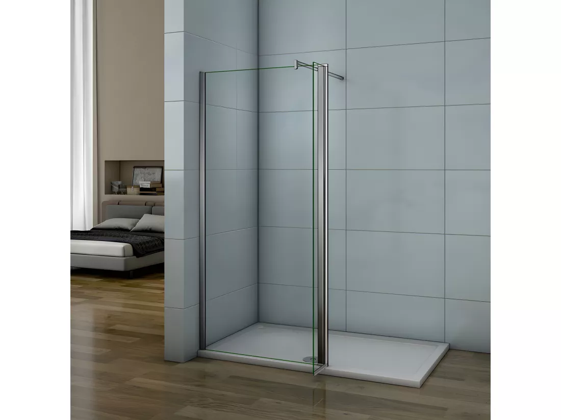 Paroi de douche à l'italienne 120+30x200cm avec retour pivotant - Verre 8mm trempé - Avec barre de fixation 70-120cm en cylindrique