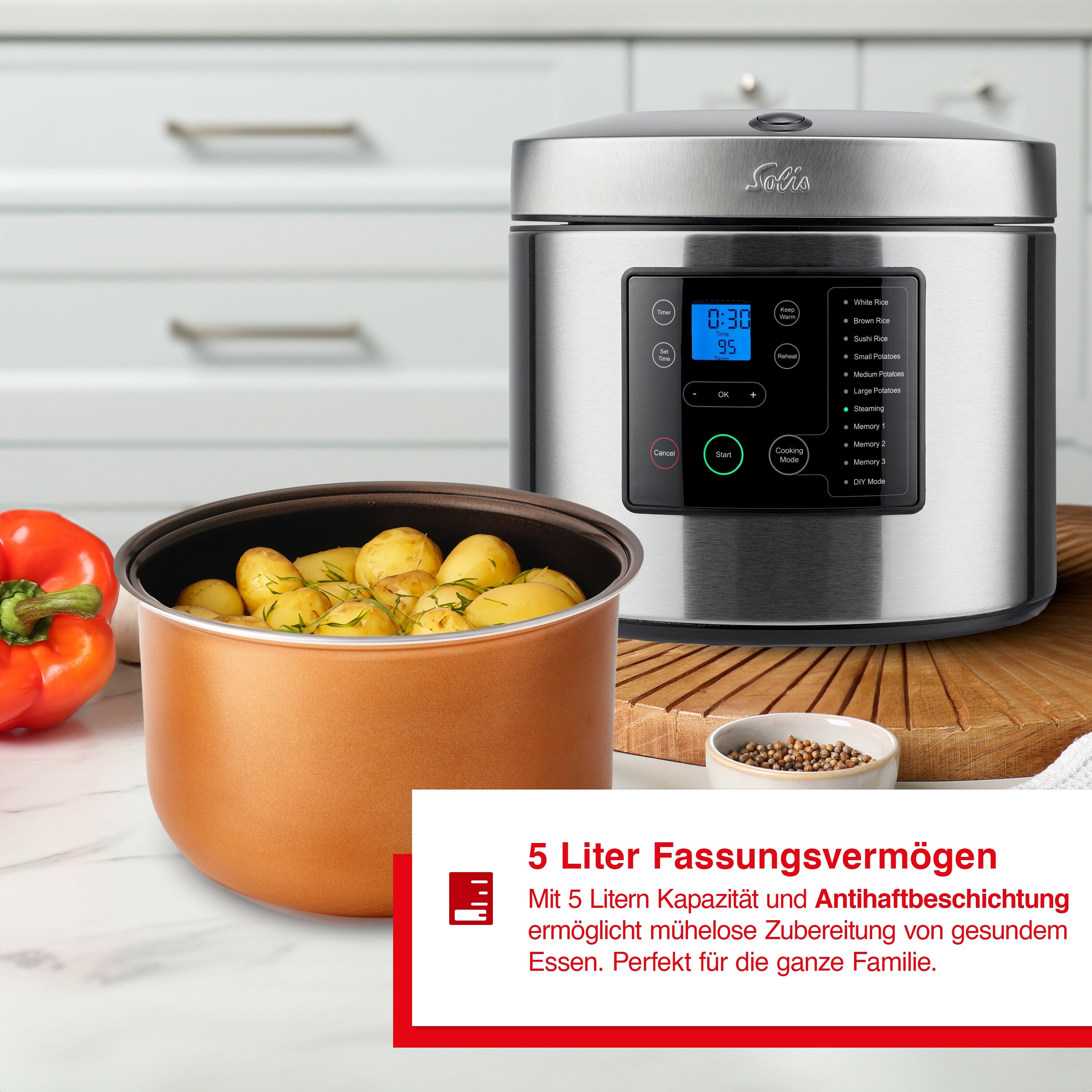 Solis Reiskocher & Dampfgarer, 850 W, 5L Volumen, 3D Heizsystem, Timer