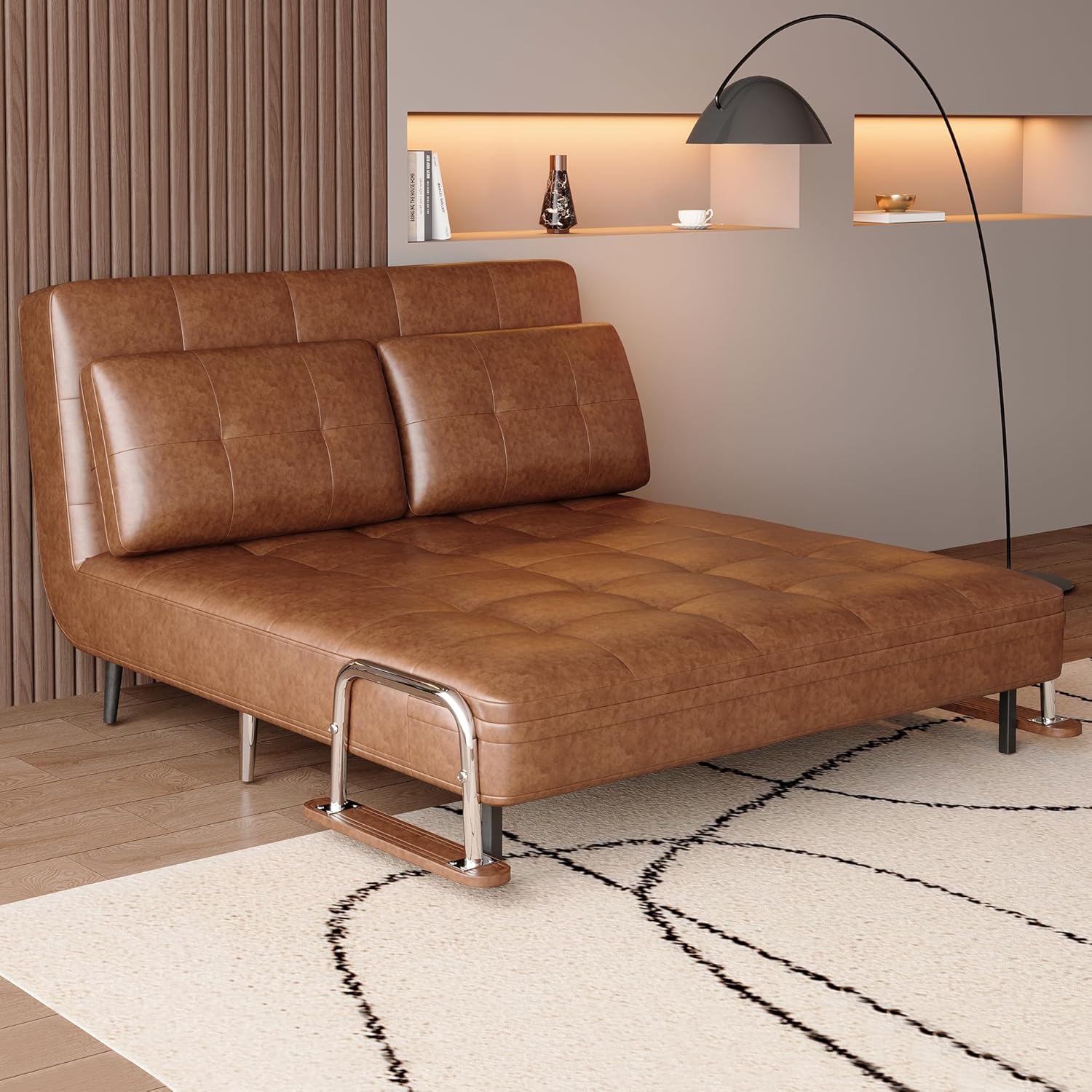 Schlafsofa-Lederoptik, modernes 2 sitzer Sofa mit schlaffunktion, schlafcouch mit Klappmatratze,klappsofa vielfältig einsetzbar für Wohnzimmer, Schlafzimmer & kleine Räume,Braunes（150cm）