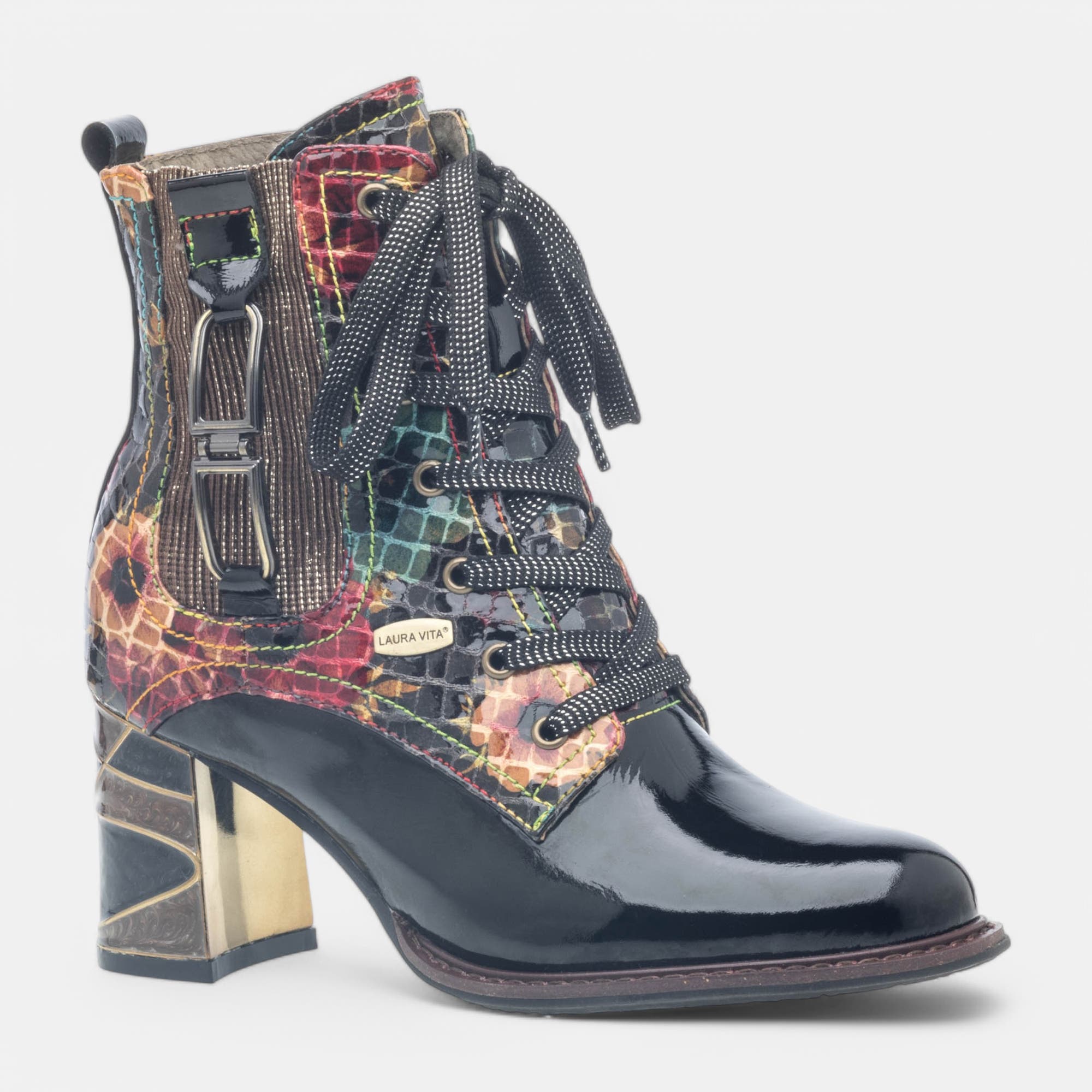 Bottines à lacets à talon Femme noir vernis