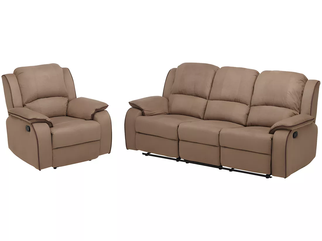 Canapé 3 places et un fauteuil relax en microfibre HERNANI - Taupe