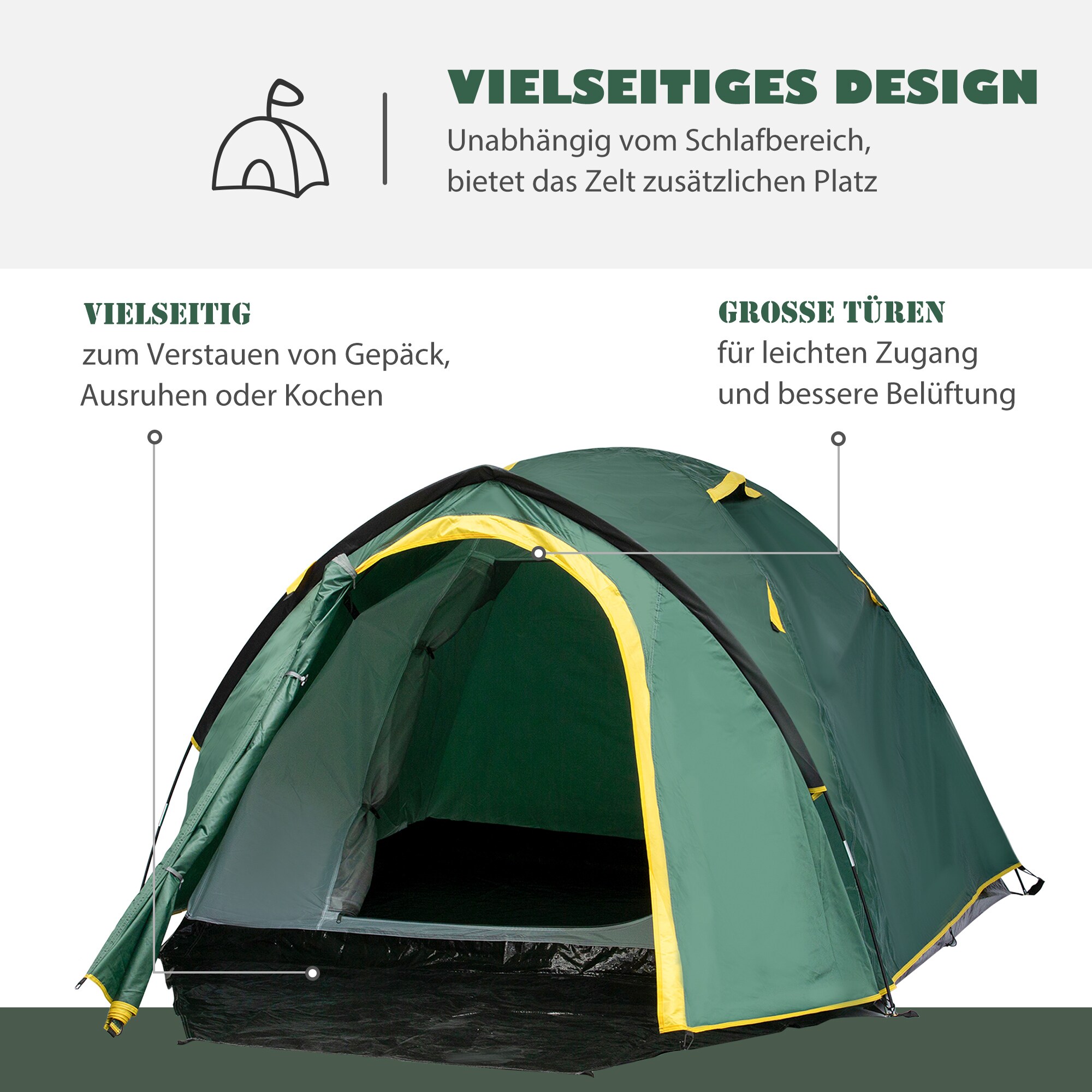 Outsunny Campingzelt für 3-4 Personen grün, gelb 325 x 183 x 130 cm (LxBxH)