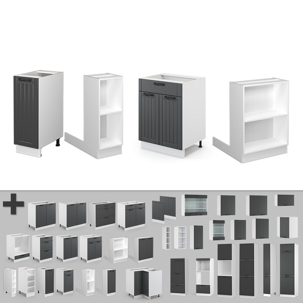 Vicco Kücheninsel Küchenblock Einbauküche Fame-Line Landhaus Weiß Dunkelgrau 90 cm Küchen Schränke Apothekerunterschrank Schubunterschrank Regalinselunterschrank Softclose-Scharnier Küchenmöbel