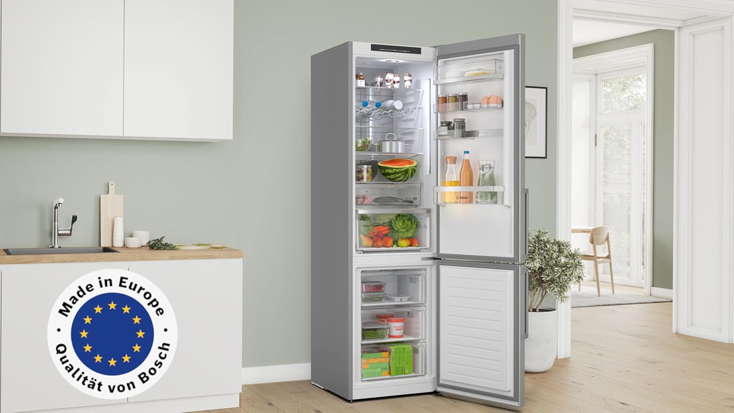 Bosch Kühl-Gefrier-Kobination 203 x 60 cm, Serie 6, KGN39AIAU, 260 L Kühlen & 103 L Gefrieren, Total No Frost, VitaFresh XXL - länger Frisch, Leise, Flex Interior, Gebürsteter Stahl, AntiFingerprint