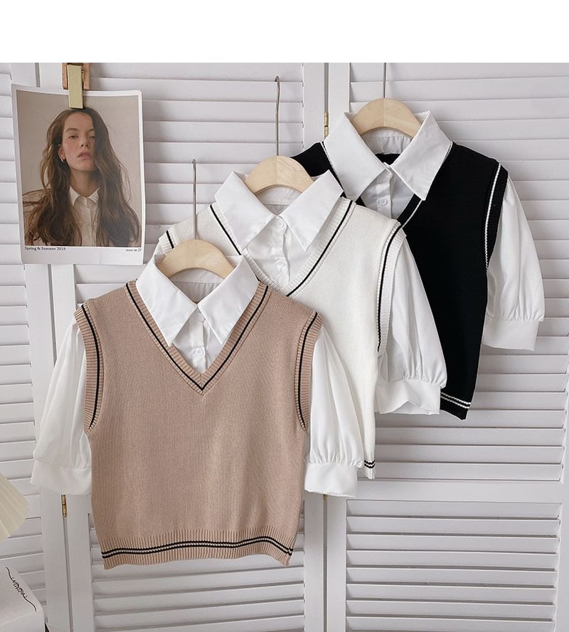 DIYI - Namaak tweedelig gebreid blouse met korte mouwen
