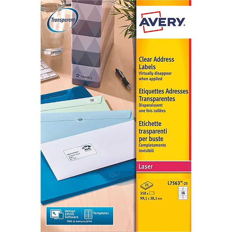 Etiquette adresse laser 99,1 x 38,1 mm Avery L7563-25 transparente - Pochette de 350
