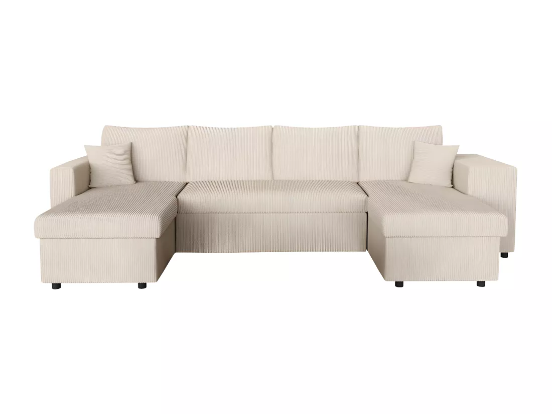 Canapé panoramique Oslo convertible avec 2 coffres, 2 poufs à droite en velours côtelé beige - L311 x P146 x H81cm - Loungitude