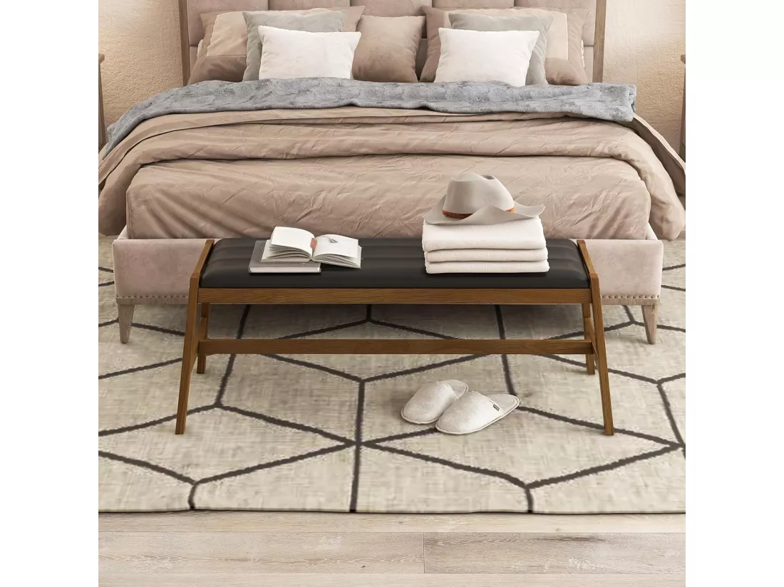 Banc d'Entrée, Bout de Lit pour Chambre en Bois d'Hévéa, Banc avec Siège Rembourré, pour l’Entrée, Chambre, Salon, Salle à Manger, Capacité 150 kg, 48 x 127 x 47,5 cm