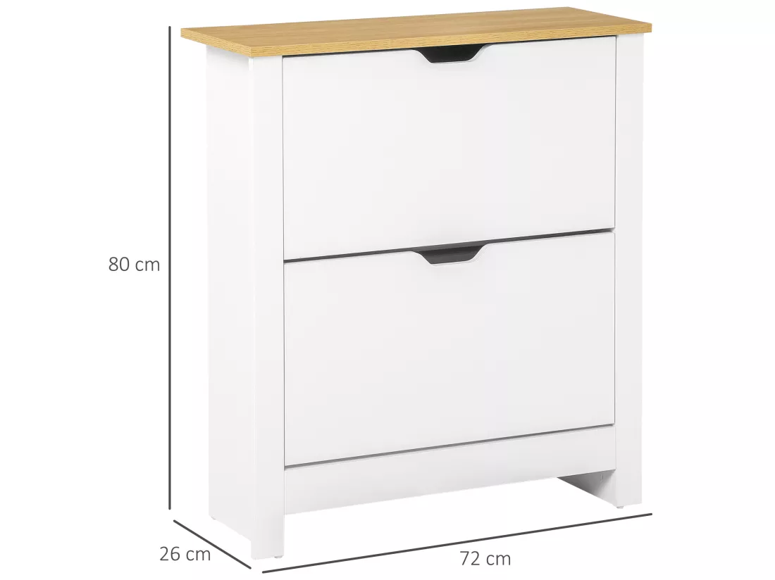 Armoire à chaussures 2 portes abattantes 2 compartiments panneaux particules blanc chêne