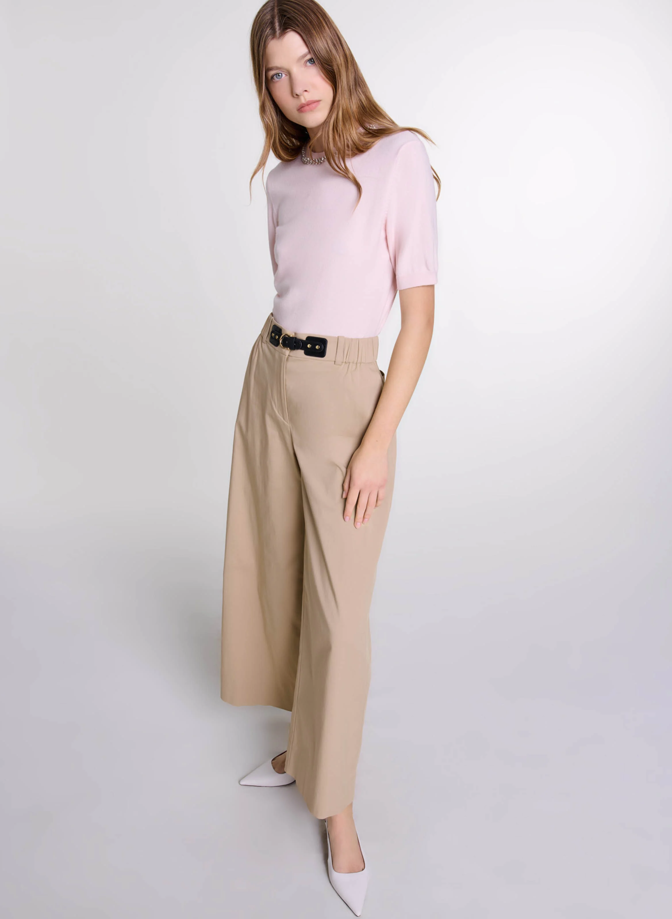 Pantalon large en coton mélangé | Beige