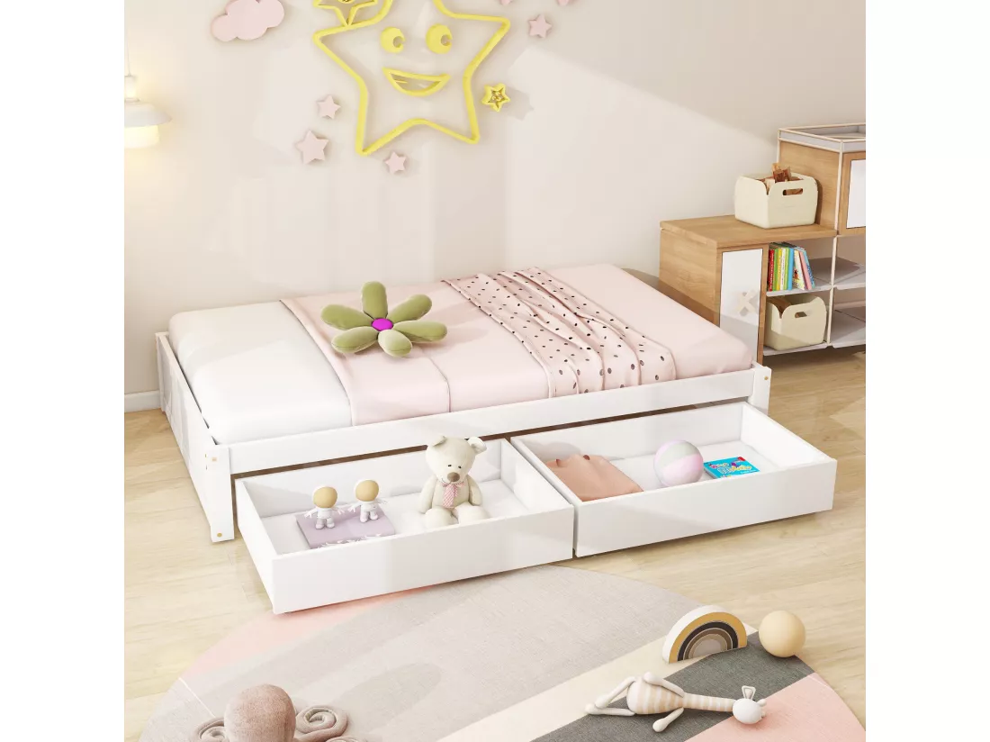 Lit simple avec 2 tiroirs et sommier à lattes en bois - 90x200cm - Blanc