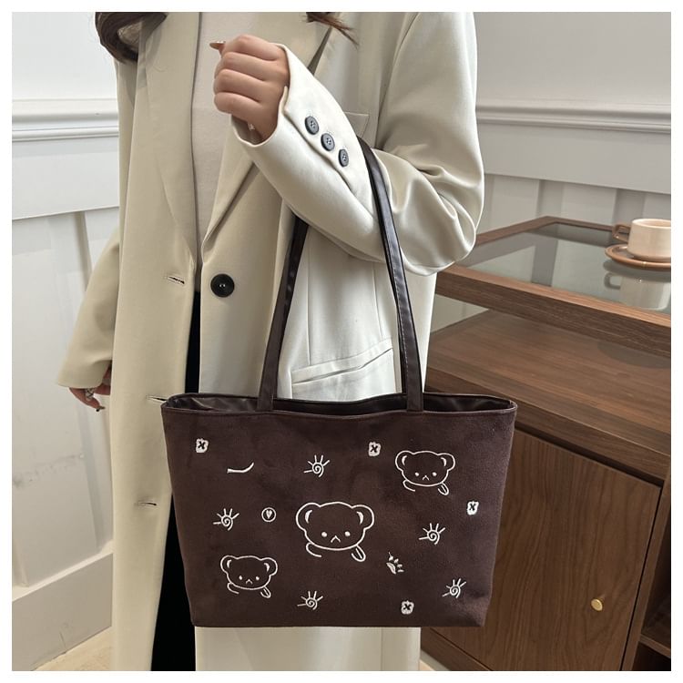 Kleevelind - Tote Bag van imitatiesuède met beerborduursel