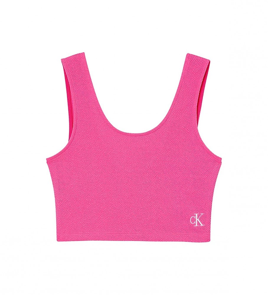 Camiseta cropped Calvin Klein Jeans rosa com alças finas e estampa de queijo