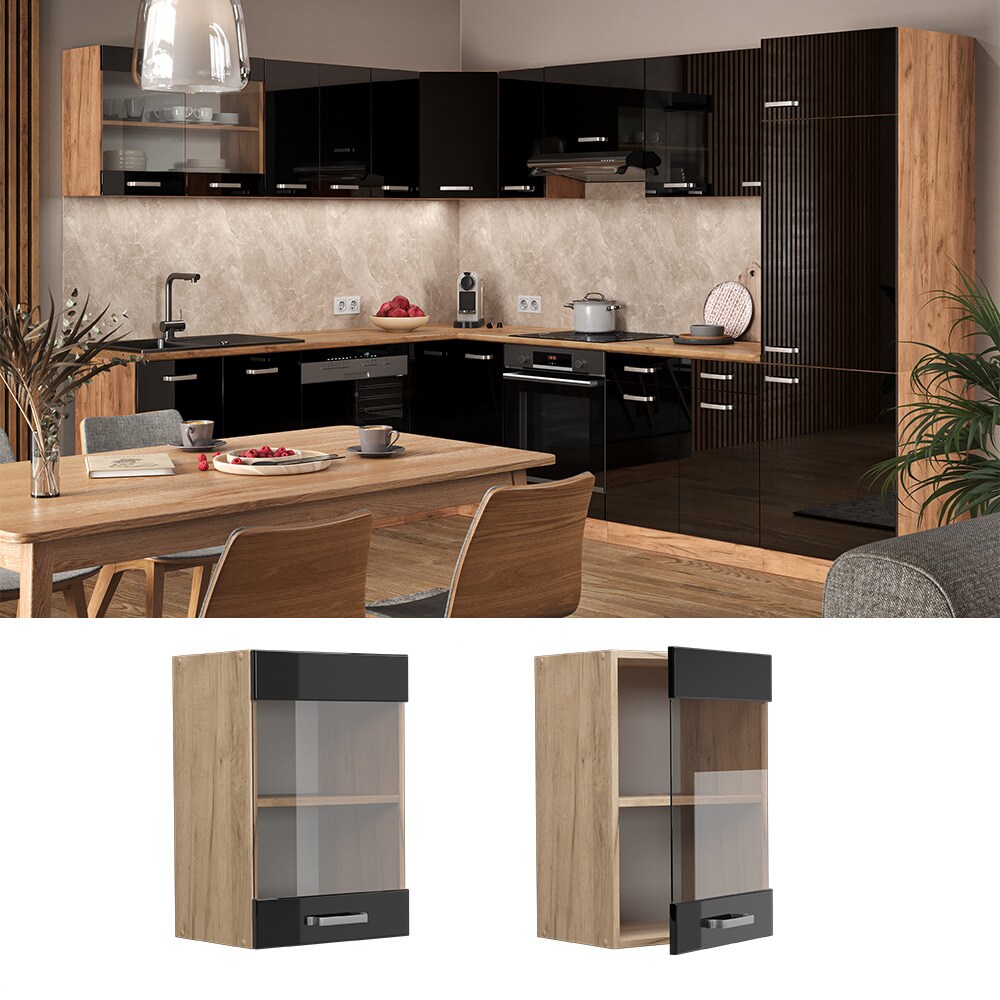 Vicco Glashängeschrank Küchenschrank R-Line Solid Eiche Schwarz 40 cm modern