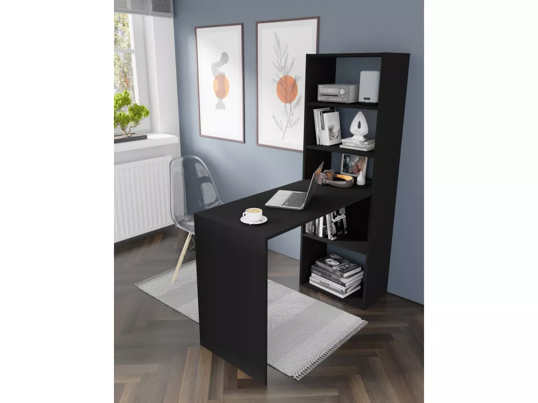 Bureau HARMONY 120 cm - bureau informatique - avec étagère - noir mat