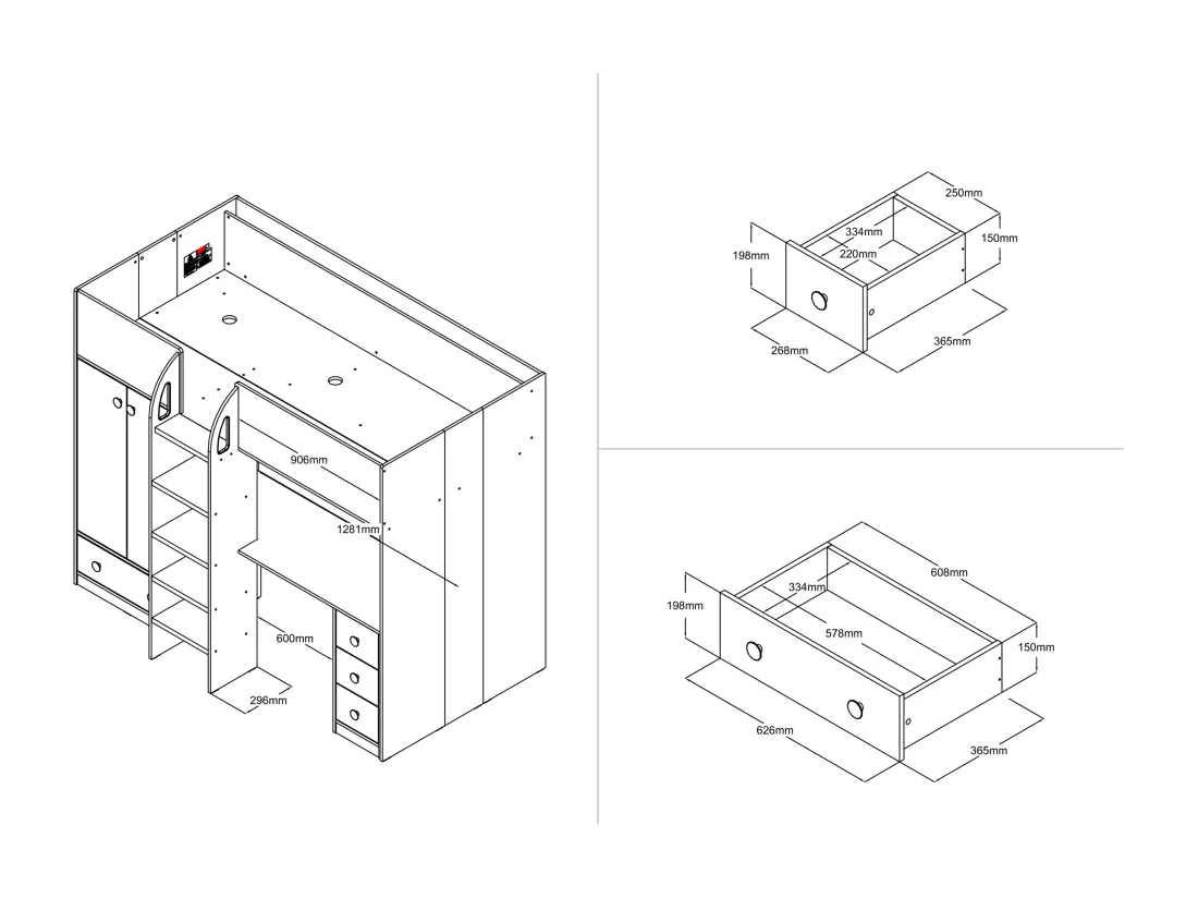 Lit mezzanine 90 x 190 cm avec armoire et bureau - Blanc et naturel - CINAMO