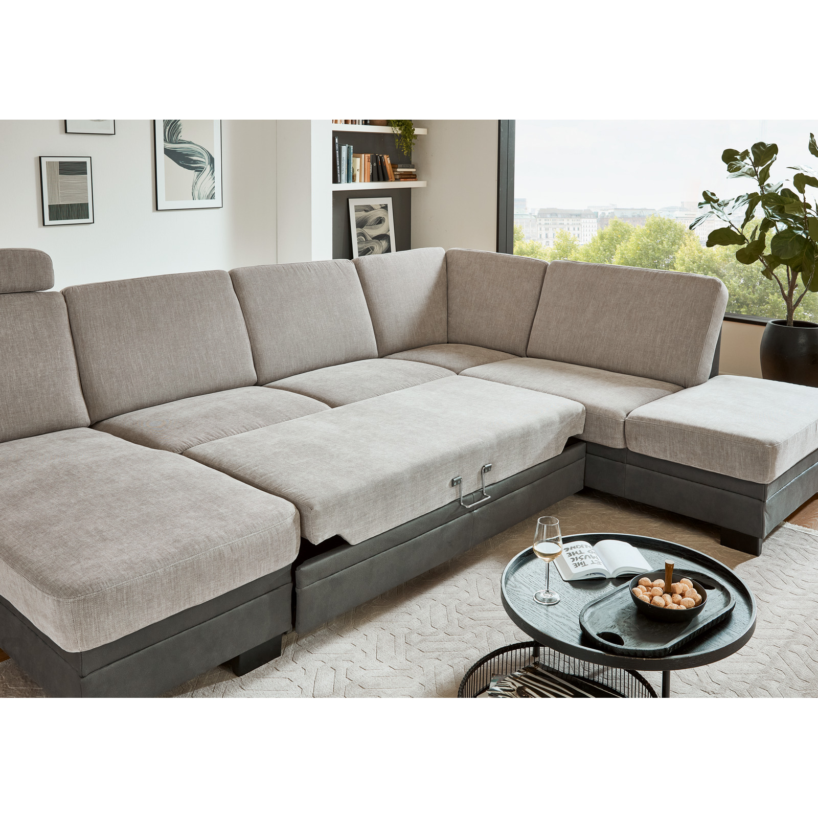 Wohnlandschaft Leipzig Stoff platin/anthrazit mit Bettfunktion
