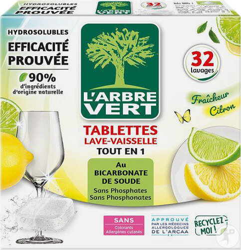 L'Arbre Vert Tablettes Lave-Vaisselle Tout-En-Un Parfum Citron 32 Tablettes