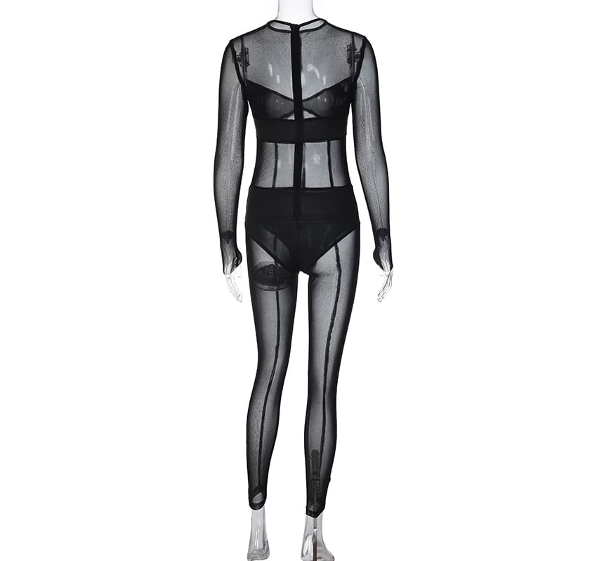 Ragom - Skinny jumpsuit met lange mouwen en een mockneck, effen mesh