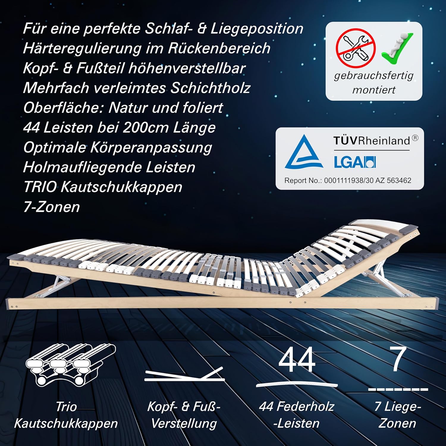 Matratzen Perfekt 2er Set Lattenrost 90x200 cm 7-Zonen Rahmen mit Kopf- & Fußverstellung, 44 Leisten, Härteregulierung, orthopädisch, stabil bis 200 kg, Trio-Kautschuklagerung