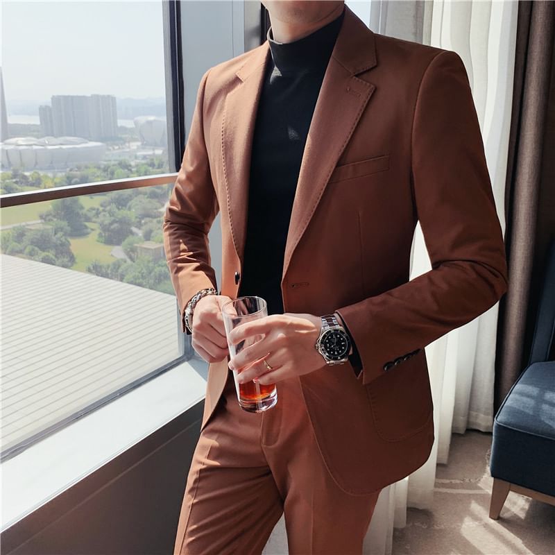 Blueforce - Effen blazer met één knoop / Hoge taille rechte broek / Set