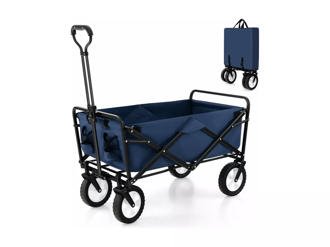 Chariot de Plage Pliable 82 L, Chariot de Transport avec Poignée Réglable et Porte-Boissons Charge 68 kg, Chariot Utilitaire Extérieur pour Jardin CamBoisg Pêche (Marine)