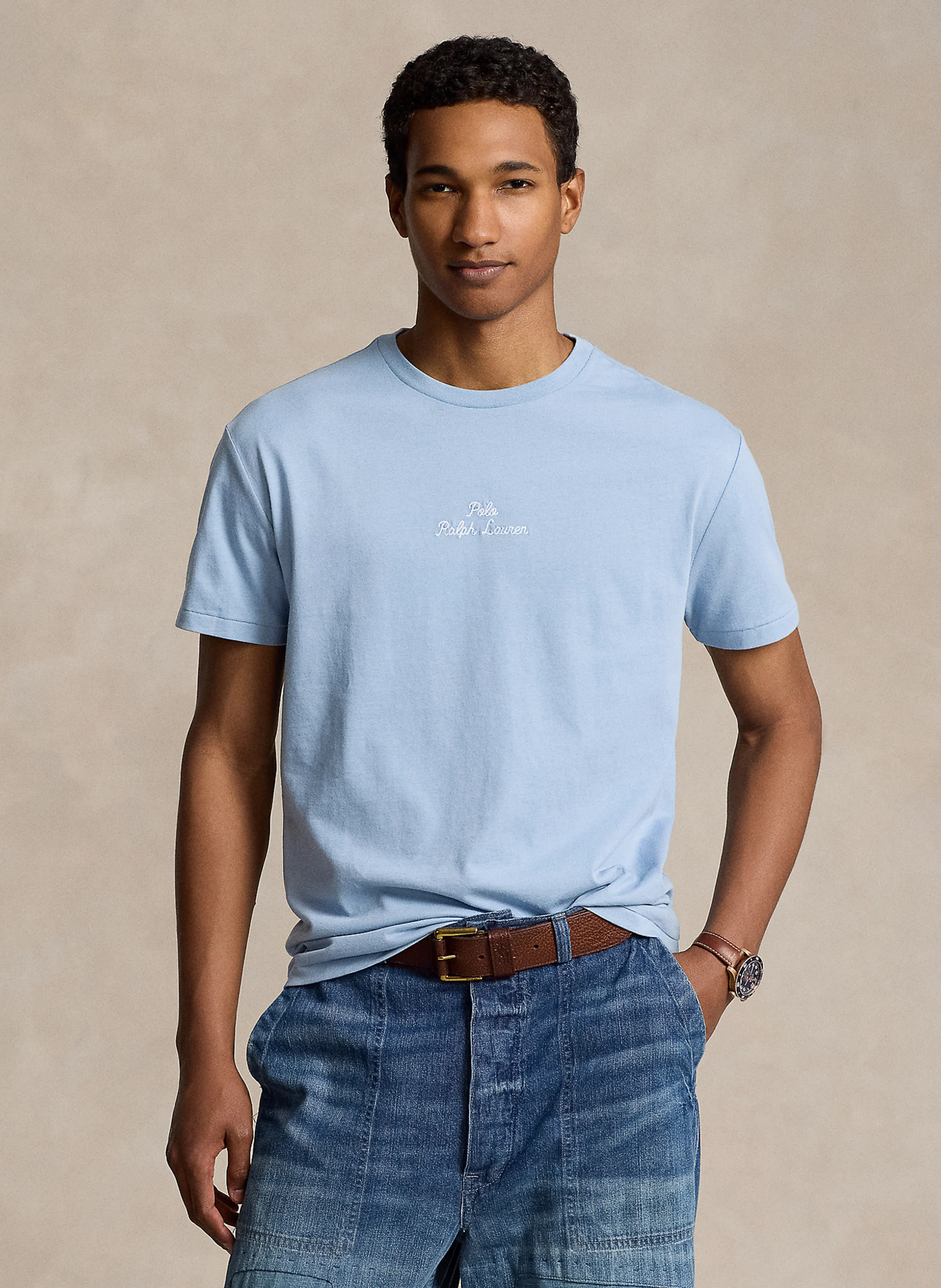 Tee-shirt col rond logo brodé en coton | Bleu