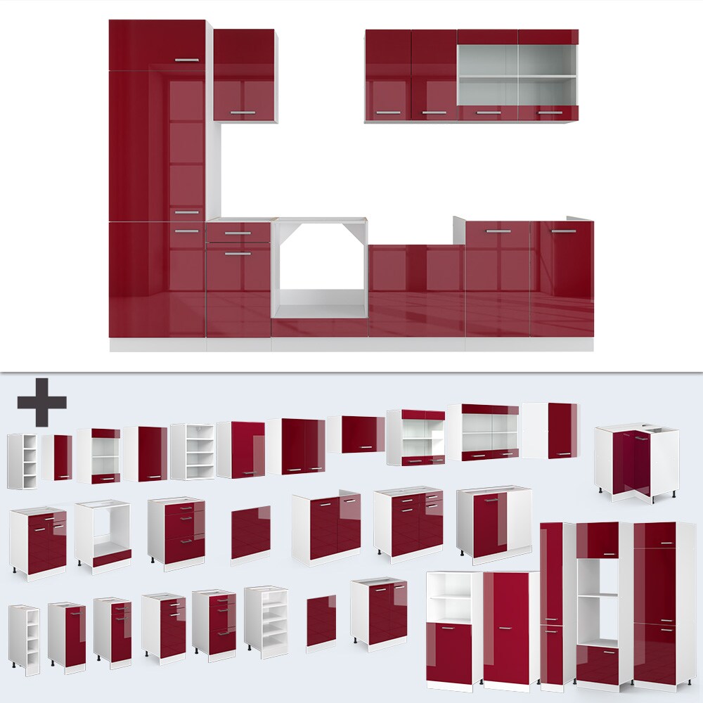VICCO KÜCHE R-LINE 300CM KÜCHENZEILE KÜCHENBLOCK EINBAU ROT BORDEAUX HOCHGLANZ