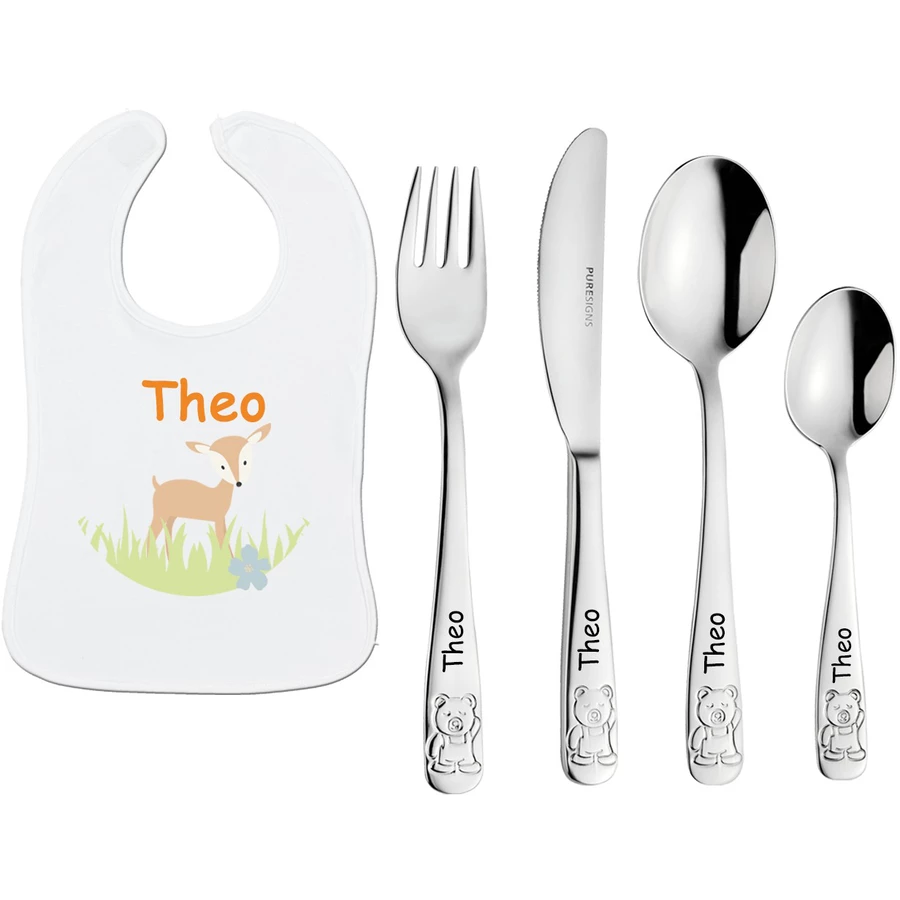 Schnullireich Geschenkset mit Namen Teddy: Puresigns Kinderbesteck mit Gravur + Lätzchen Silber