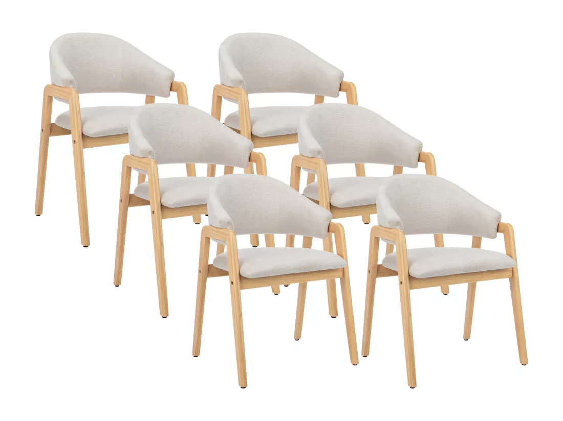 Lot de 6 chaises avec accoudoirs en tissu et bois d'hévéa - Beige et Naturel - SOLUNA