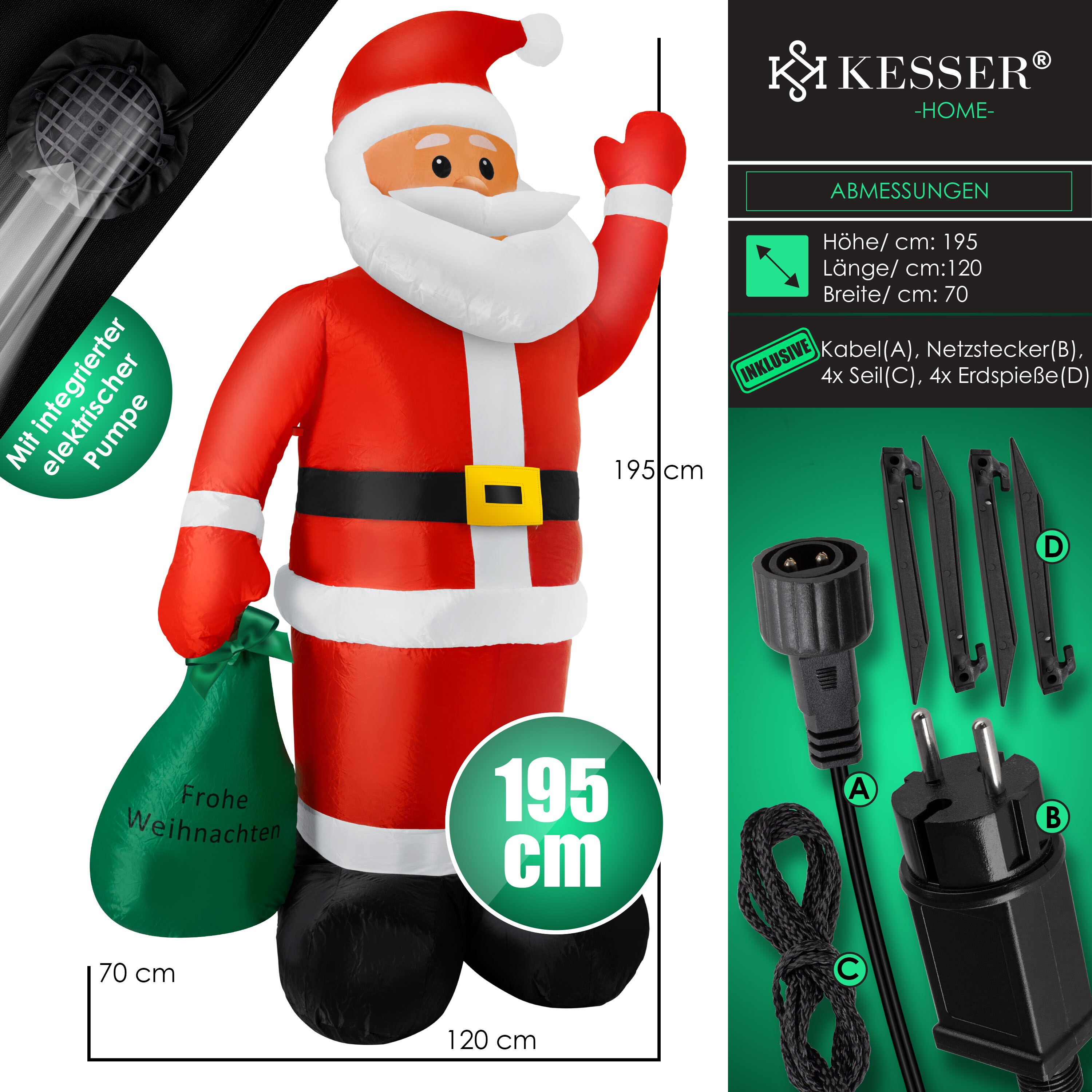 KESSER® Aufblasbarer Weihnachtsmann XXL LED beleuchtet inkl. Befestigungsmaterial Weihnachtsdekoration WeihnachtsdekoFigur , geräuscharmes Gebläse,Nikolaus Santa witterungsbeständig IP44