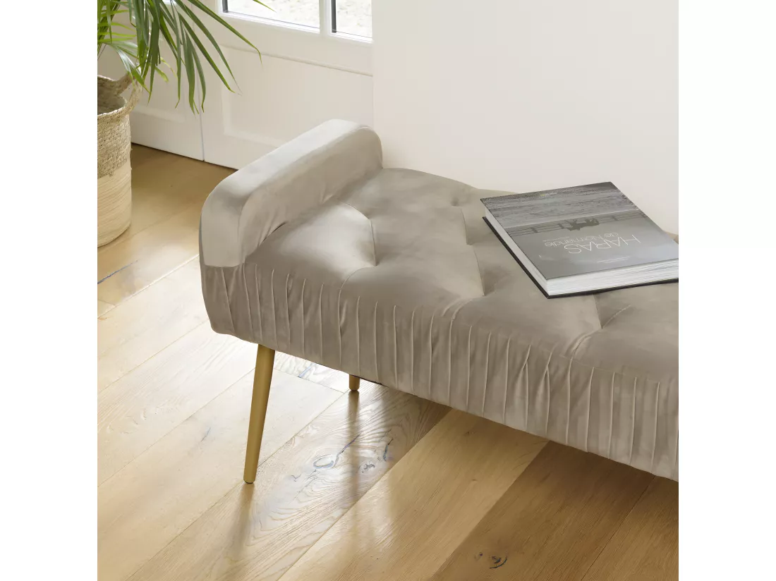 ALBANE - Banc de lit velours taupe pieds métal doré