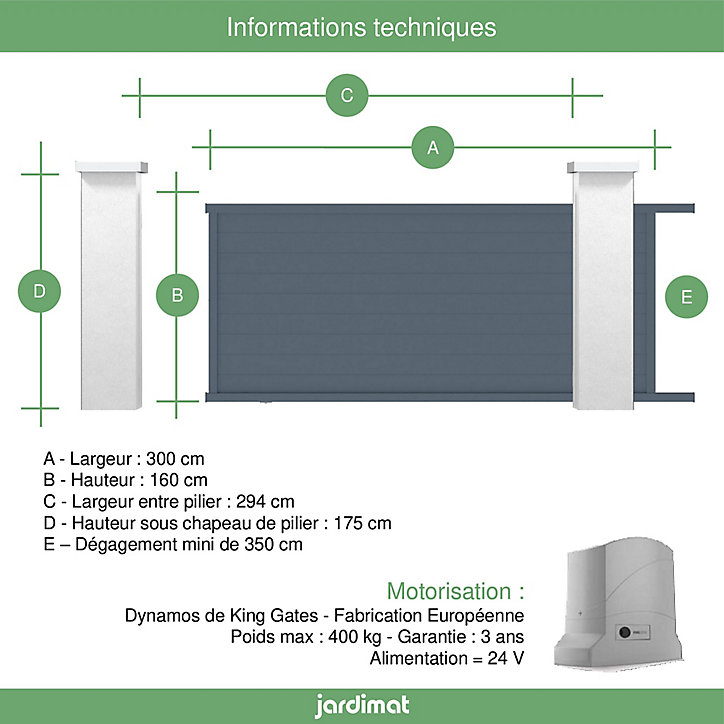 Portail Jardimat coulissant motorisé aluminium Alpes gris anthracite - 300 x h.160 cm