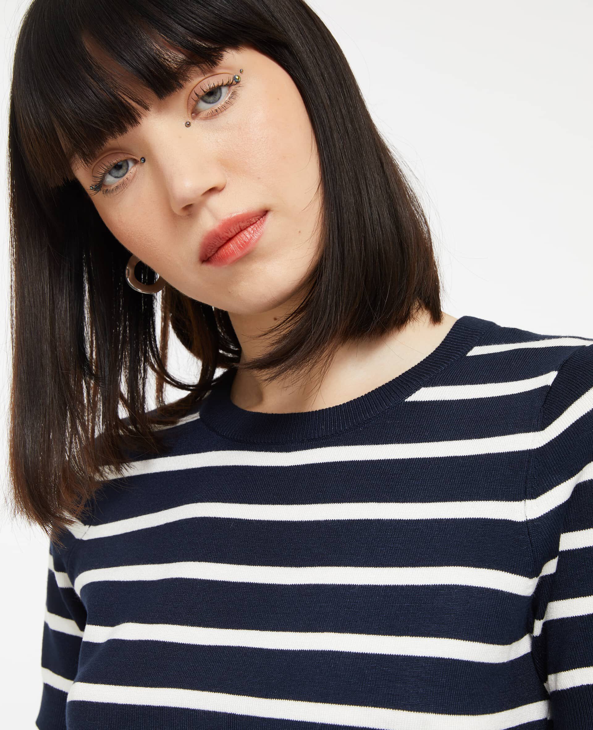 Pull manches courtes rayé en maille fine - Bleu marine