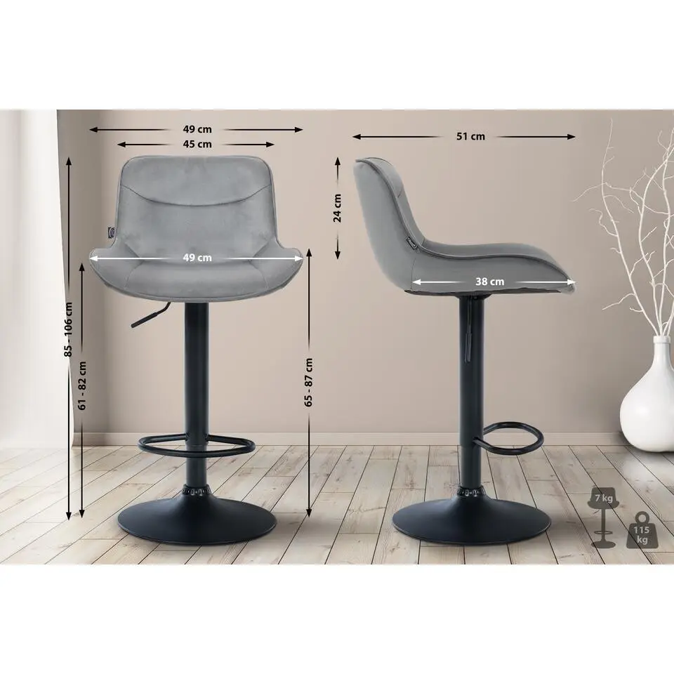 CLP Set van 2 Barkruk Vonore zwart Frame - Fluweel - grijs
